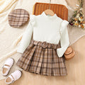 fashion children's clothing girl suitlong sleeves lace collar plaid pleated skirt belt beret suit 4-piece set