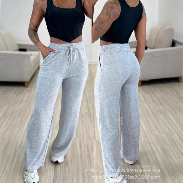 ODF4439 European and American women's clothing new solid color high-waisted lace-up rubber band waist casual trousers