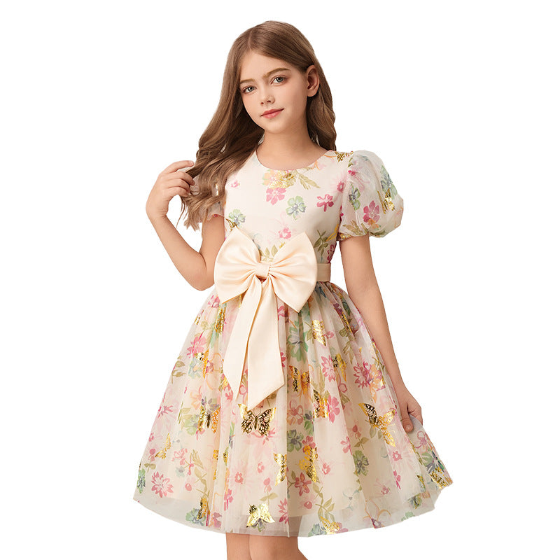 Wholesale girls' printed floral princess dress - holiday style, bubble sleeves, summer dress for little girls