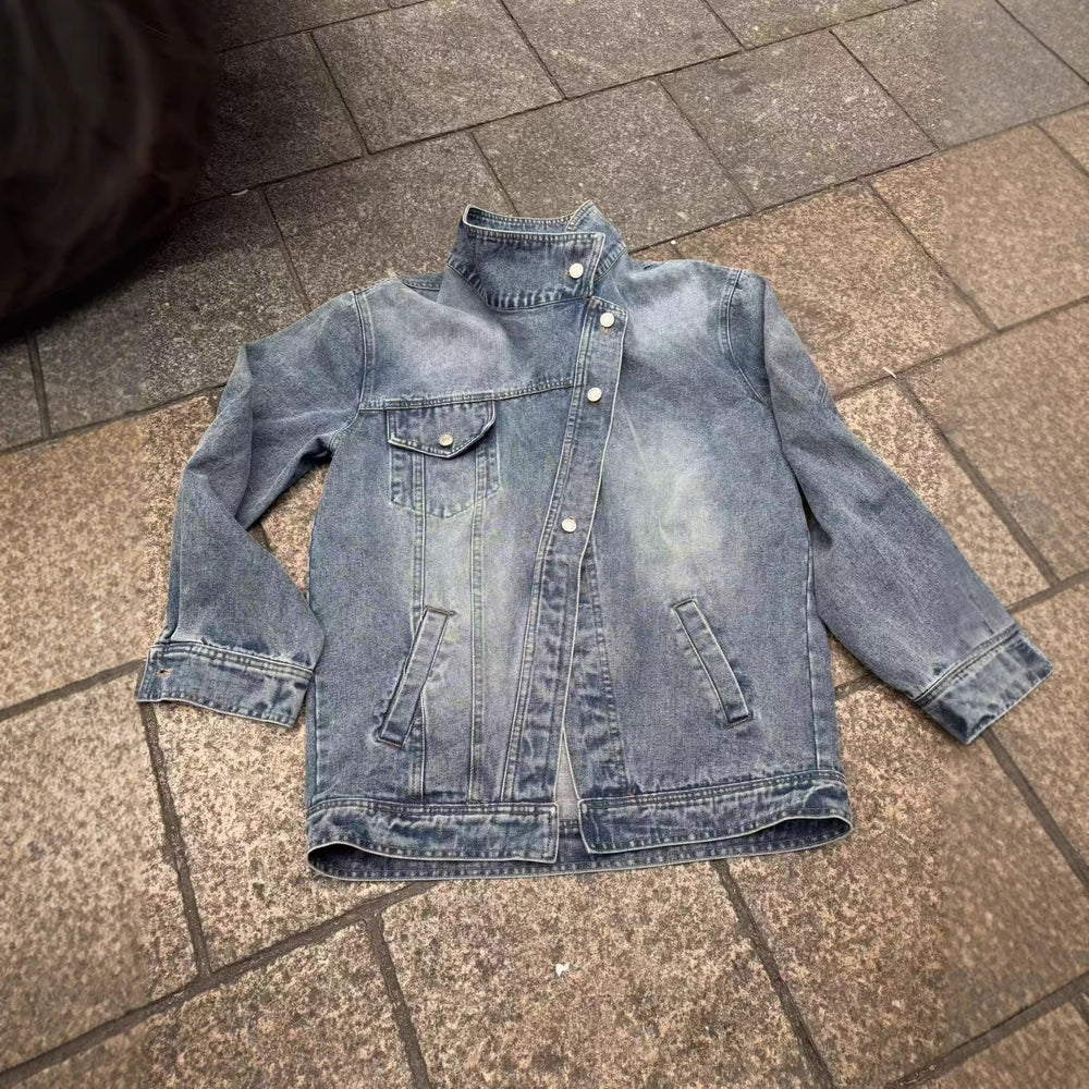 korean version of asymmetrical washed denim outwearlooseniche stylesense of designshort lapeltops for women