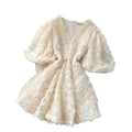 French court style v-neck lantern sleeve 3d floral dress - women's elegant a-line dress with cinched waist, princess style