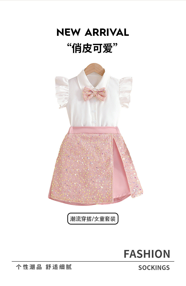 girls' summer skirt set: pink sequin skirt with flutter sleeves and bow tie – kids' sparkly skirt outfit