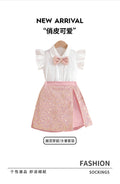 girls' summer skirt set: pink sequin skirt with flutter sleeves and bow tie – kids' sparkly skirt outfit