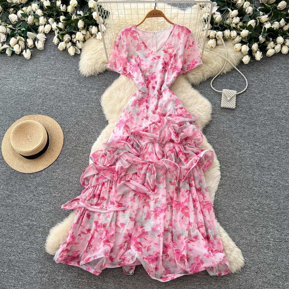 French chic v-neck floral dress - women's summer irregular short sleeve, slim fit a-line maxi dress - perfect for vacation