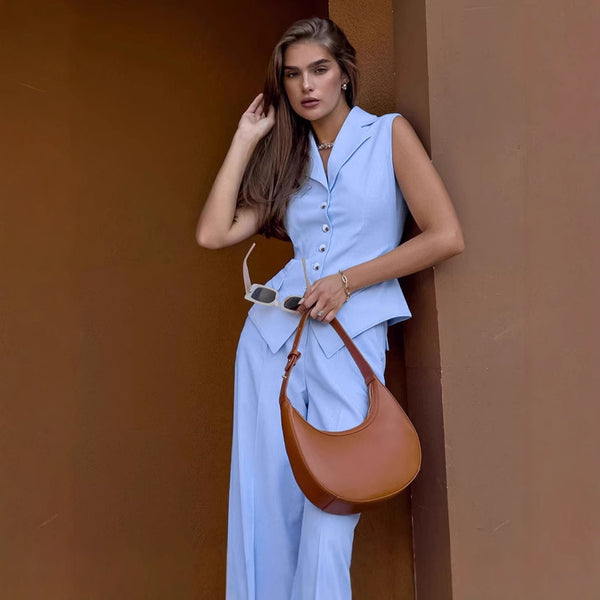 Cross-border fashion commuter slim-fit vest wide-leg pants two-piece set 2025 spring and summer Europe and America pink cotton and linen suit women's clothing