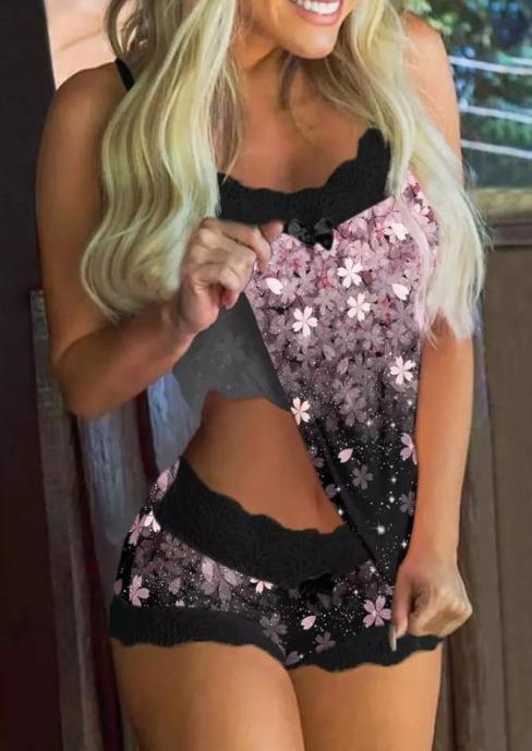 European and american style printed lace pajama set - cami top + shorts two-piece loungewear - in stock
