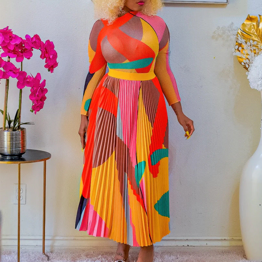 D420   autumn pleated print color block set - long sleeve top & fashionable midi skirt - european & american style two-piece outfit