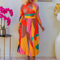 D420   autumn pleated print color block set - long sleeve top & fashionable midi skirt - european & american style two-piece outfit