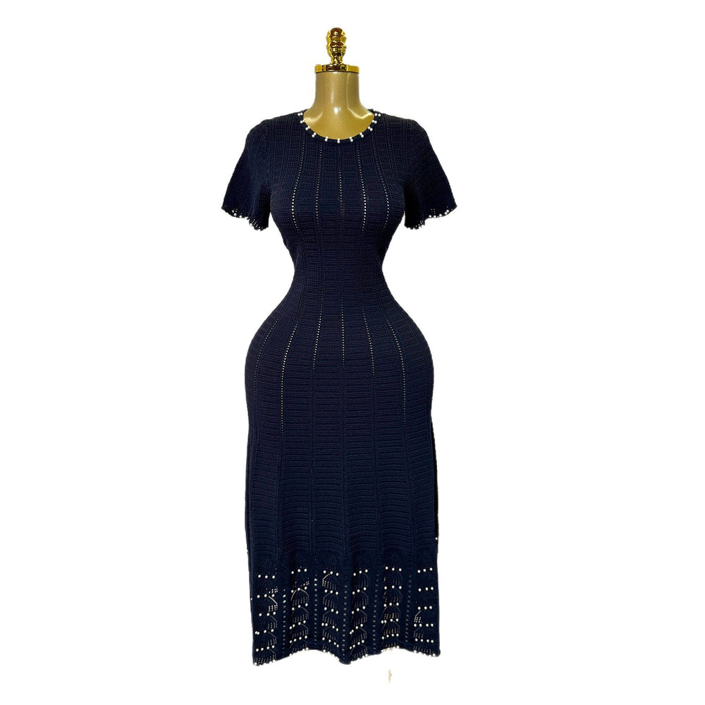 summer new arrival: elegant round neck beaded hollow-out slim-fit short sleeve knitted dress for women