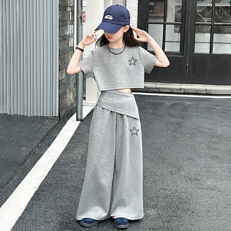 Girls' new korean style summer two-piece set: trendy, versatile, and chic - featuring irregular design and casual wide-leg pants
