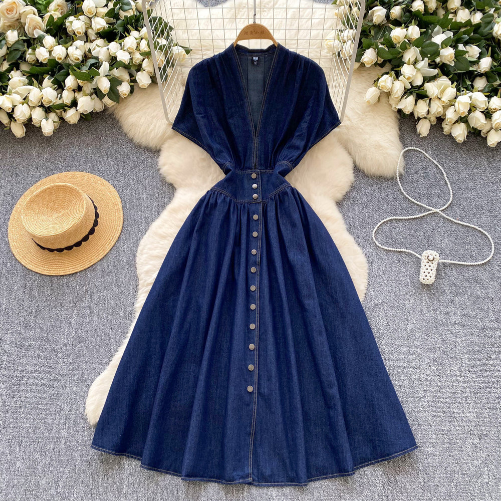 High-end women's dress:  summer collection - sophisticated deep v-neck, cinched waist, button-down, slim-fit, pleated casual denim dress