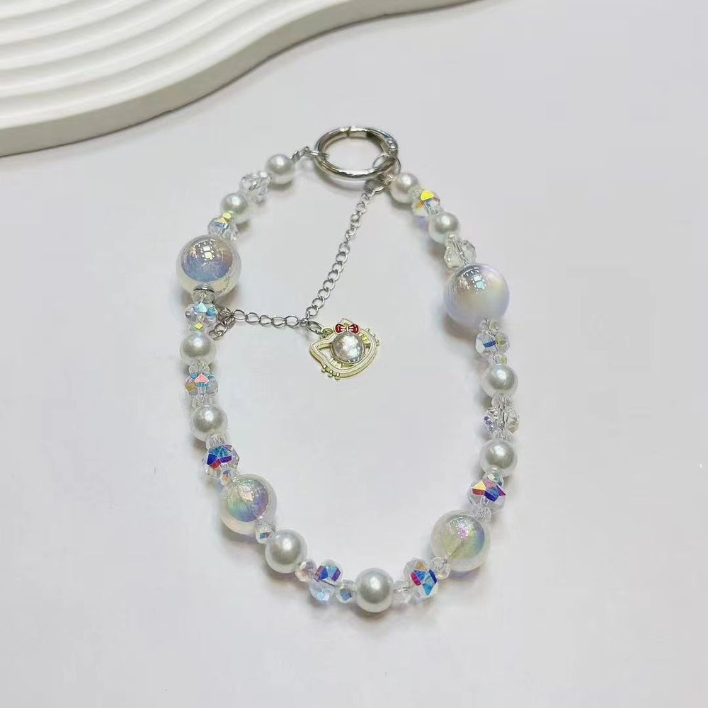 Creative mobile phone hanging chain pendant cat tassel accessible luxuryshort fairy pearl crystal satchel chain mobile phone case lanyard