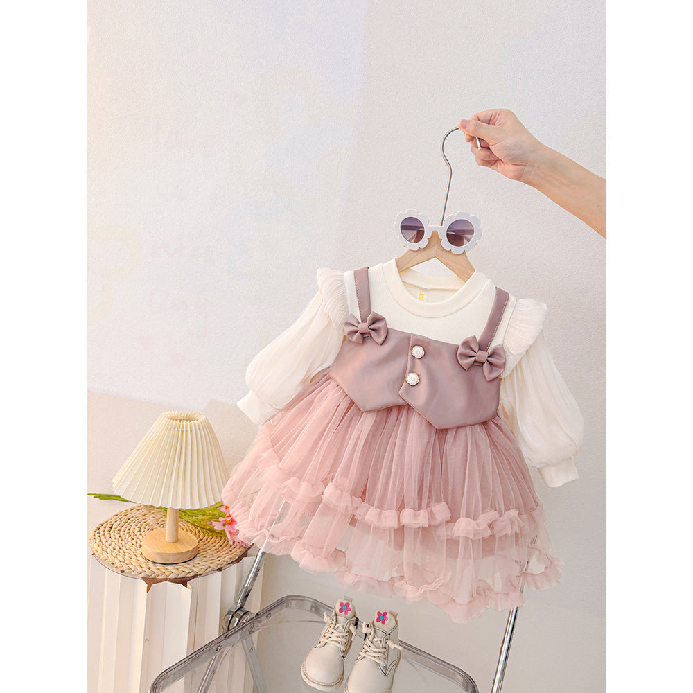 Spring girls' dress  new mesh long sleeve spring korean style fashion solid color chic baby girl dress