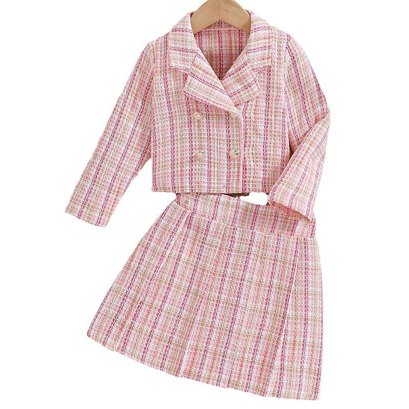 Girls' plaid tweed two-piece outfit: sweet & chic pink gingham style for cross-border e-commerce
