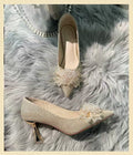 2025 french rhinestone pearl flower comfortable heel bridal wedding shoes for women