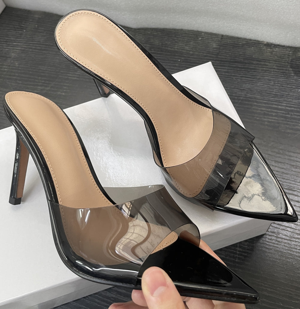 Wo huizhou european and american women's shoes transparent one-line high heels stiletto pointed toe not tired feet easiest for match summer slippers outwear