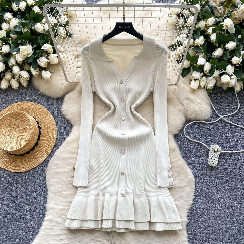 Frenchretrocontrast colorpolo collarlong sleeves single breasted silmdress women's waistelegantrufflessweater skirt