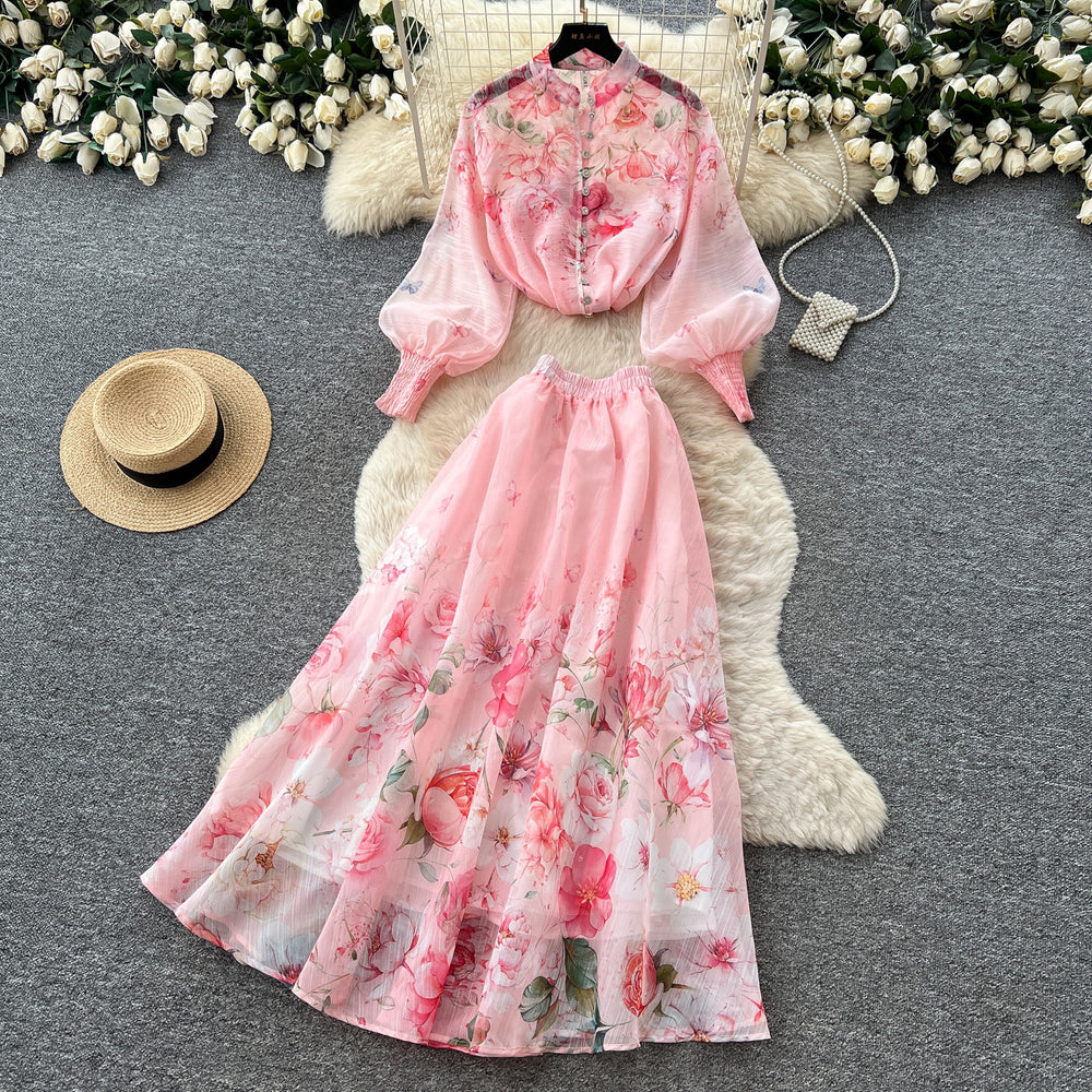 French romantic floral print lantern sleeve blouse and high-waisted midi skirt two-piece set - autumn chic, socialite style