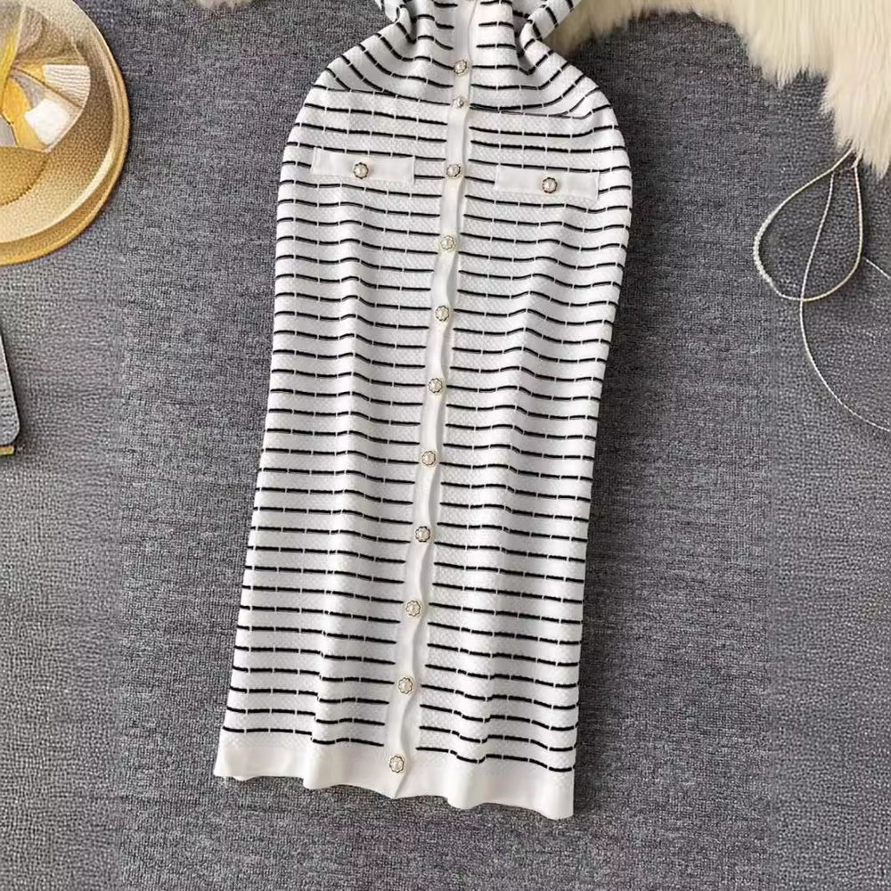 Elegant chanel-inspired striped dress - women's summer high-end fashion casual long knit vest dress