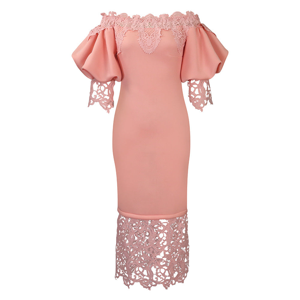 women's new one-line collar lacepatchwork banquet evening dress lantern sleeve ol bridesmaid dress exportdress