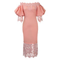 women's new one-line collar lacepatchwork banquet evening dress lantern sleeve ol bridesmaid dress exportdress