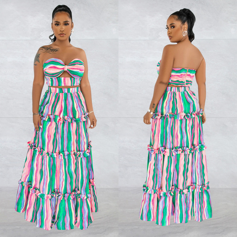 X6646 cross-border   fashion women's sleeveless bandeau striped print maxi dress two-piece set