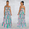 X6646 cross-border   fashion women's sleeveless bandeau striped print maxi dress two-piece set