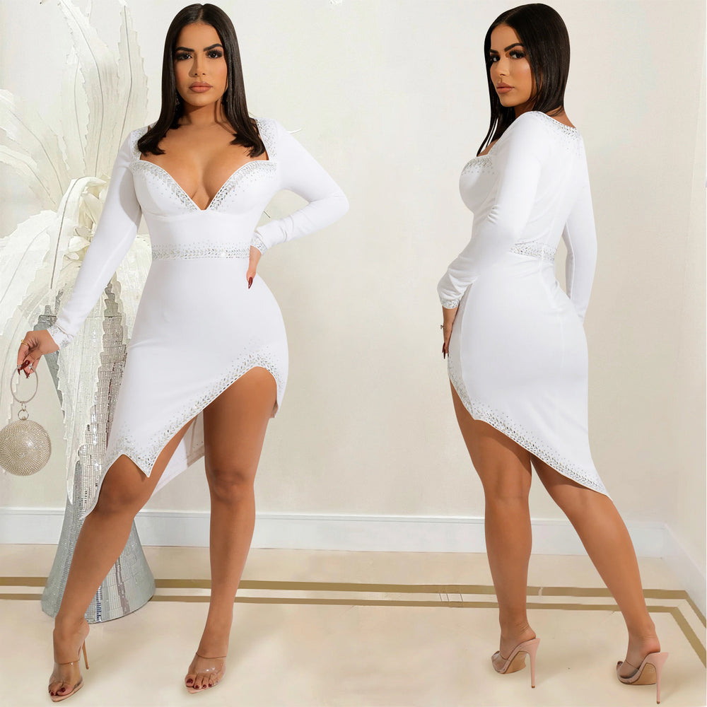 X5532   fashion sexy rhinestone nightclub women's v-neck long sleeve slit irregular dress