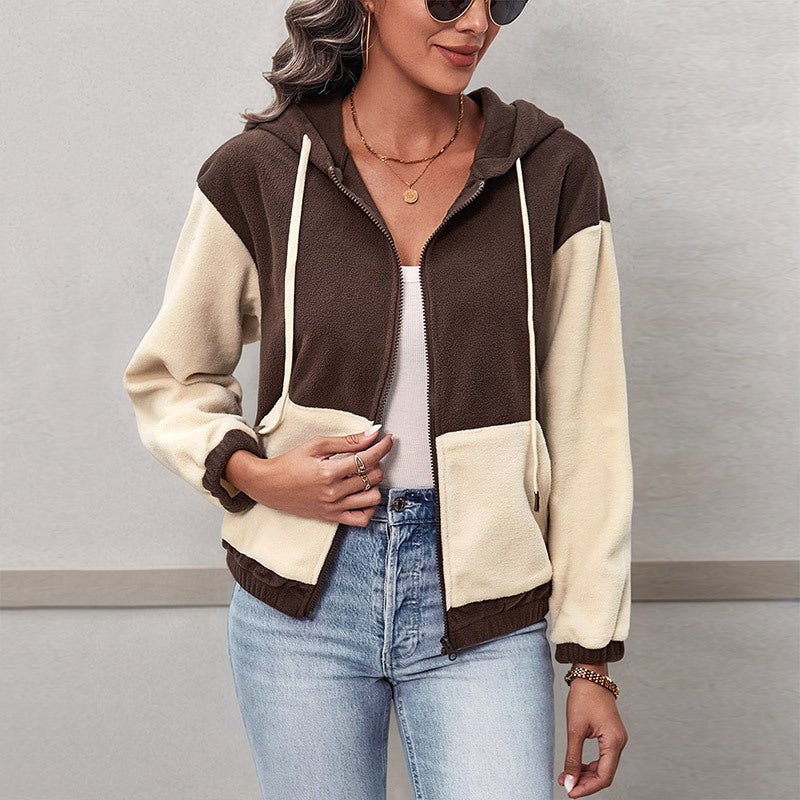 Europe, America and  2025 new autumn and winter  casual style zipper cardigan hooded color matching fleece jacket women