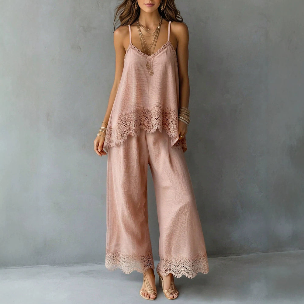 fashion  summer new light pink lace suspender suit looseloose pants vacation style two-piece set