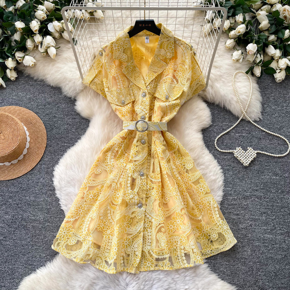 French romantic style heavy lace embroidery dress - women's summer short sleeve, cinched waist, hollow-out, slimming, elegant mini dress