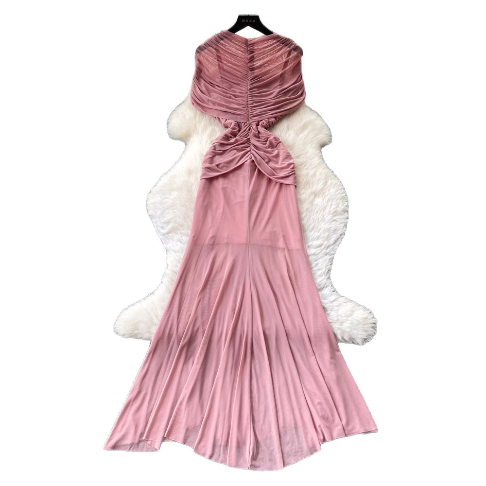 Eleganceelegant pleated silm pure lust style dress women's summer strap waist high waist a-line skirt slimming look long skirt