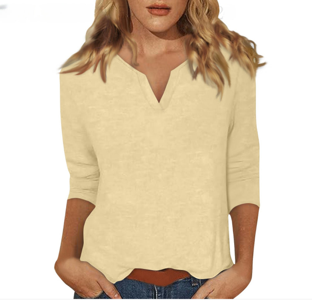 cross-border women's v-neck 3/4 sleeve solid color t-shirt top