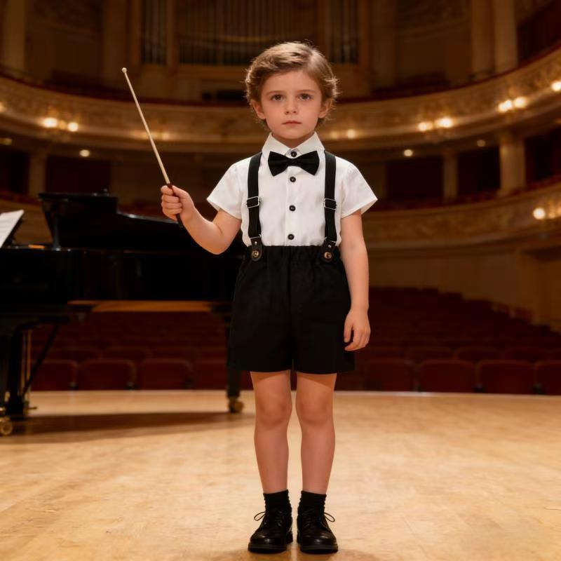 Source factory flower girl dress short-sleeved white shirt children's host piano performance evening dress kids first birthday dress