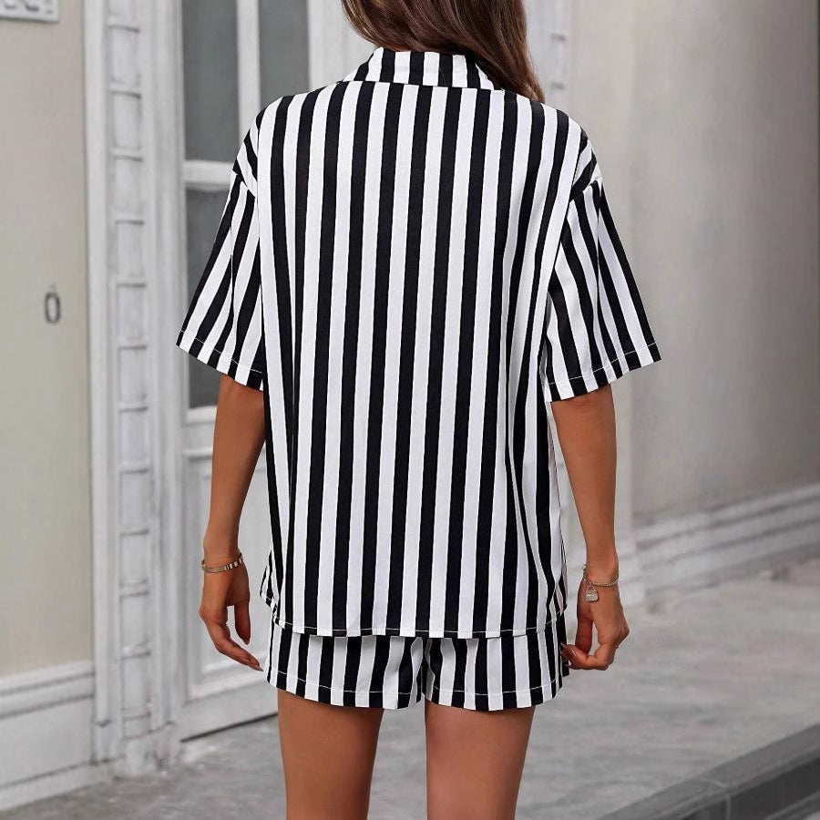 european and american cross-border  autumn new arrival: collared printed shirt & elastic waist cropped shorts two-piece set