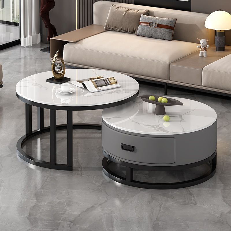 Italian round rock slab high-end tea table, small apartment coffee table, living room home modern minimalist light luxury table set