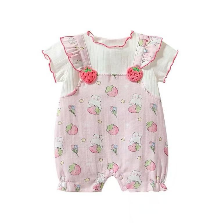Baby girl summernew arrival short-sleeved jumpsuit girl summer clothes romper thin strawberry flying sleeves newborn jumpsuit