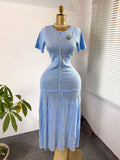 export french chic pearl embellished short-sleeve knitted dress - women's fitted waist pleated elegant maxi dress