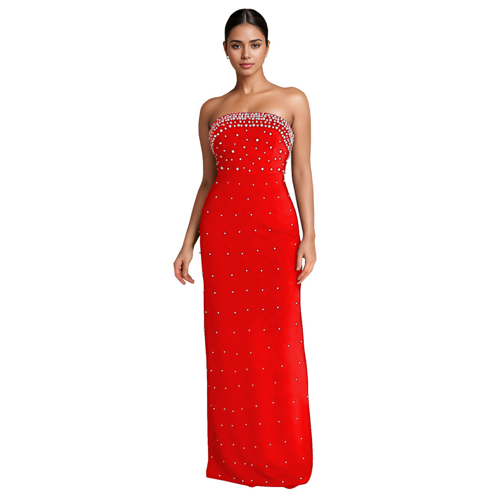 C7218 cross-border   fashion women's bandeau sexy beaded slit backless dress