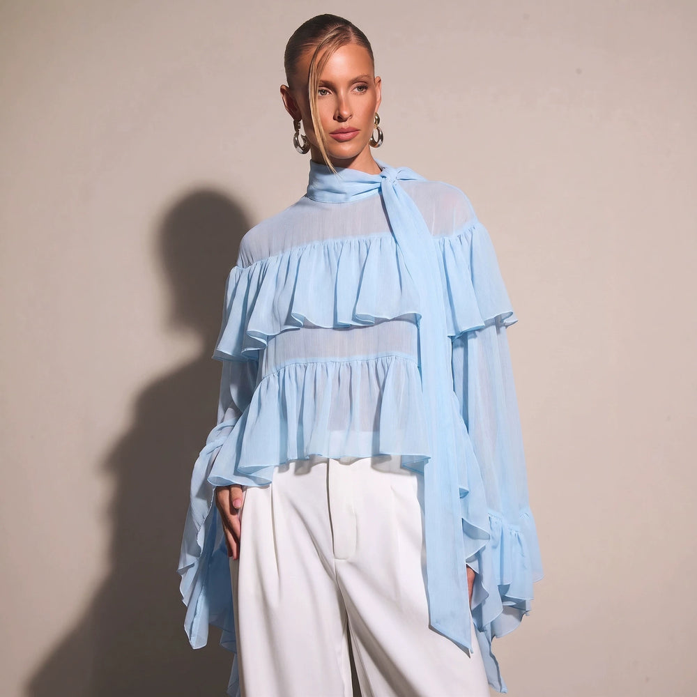 French chic ruffle chiffon blouse - women's summer long sleeve pink commute top - elegant sun protection shirt