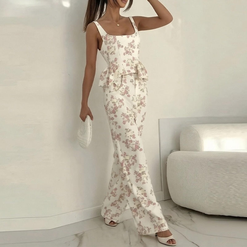 women's summer new arrivals:  cross-border fashion printed ruffle trim cami casual set (us/eu style)