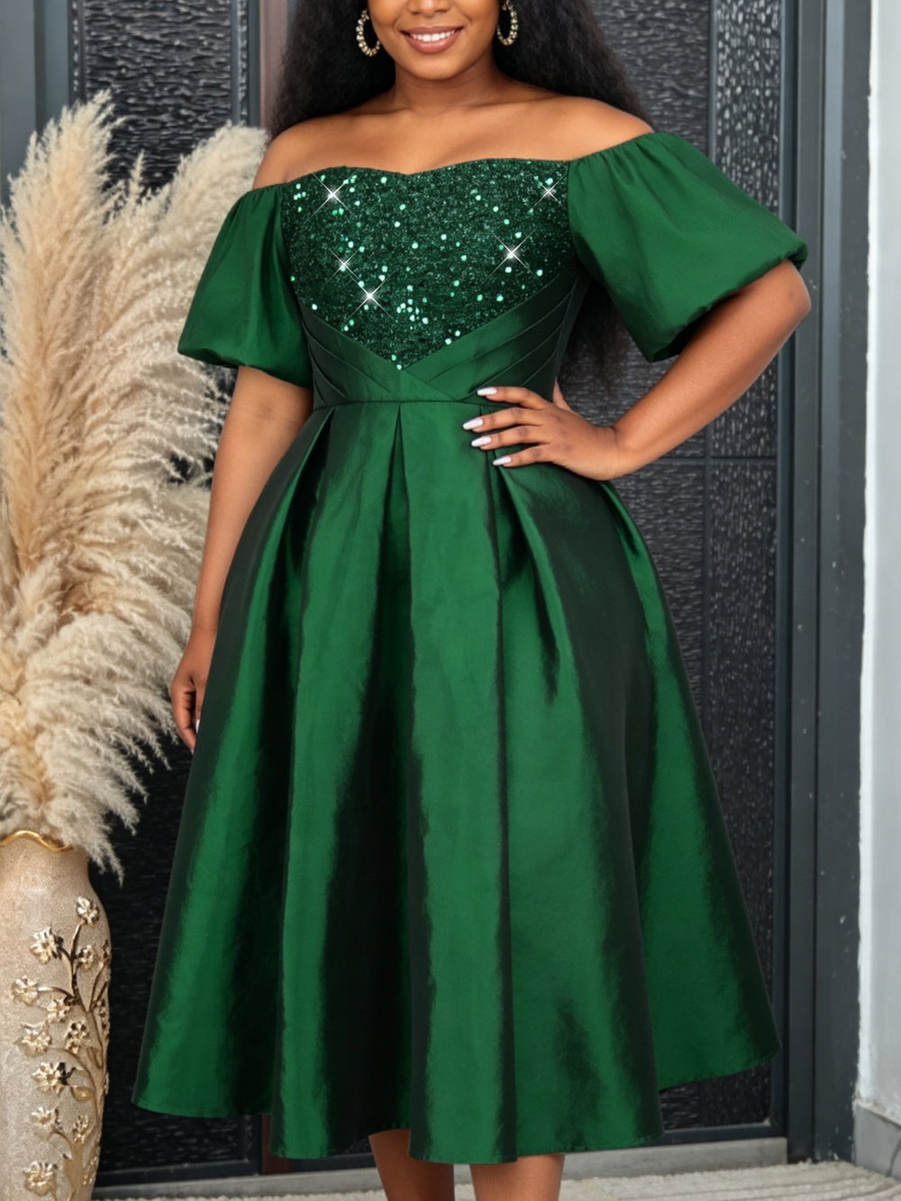 retro women's sexy off-the-shoulder dress - fashionable and elegant sequin slim-fit evening gown