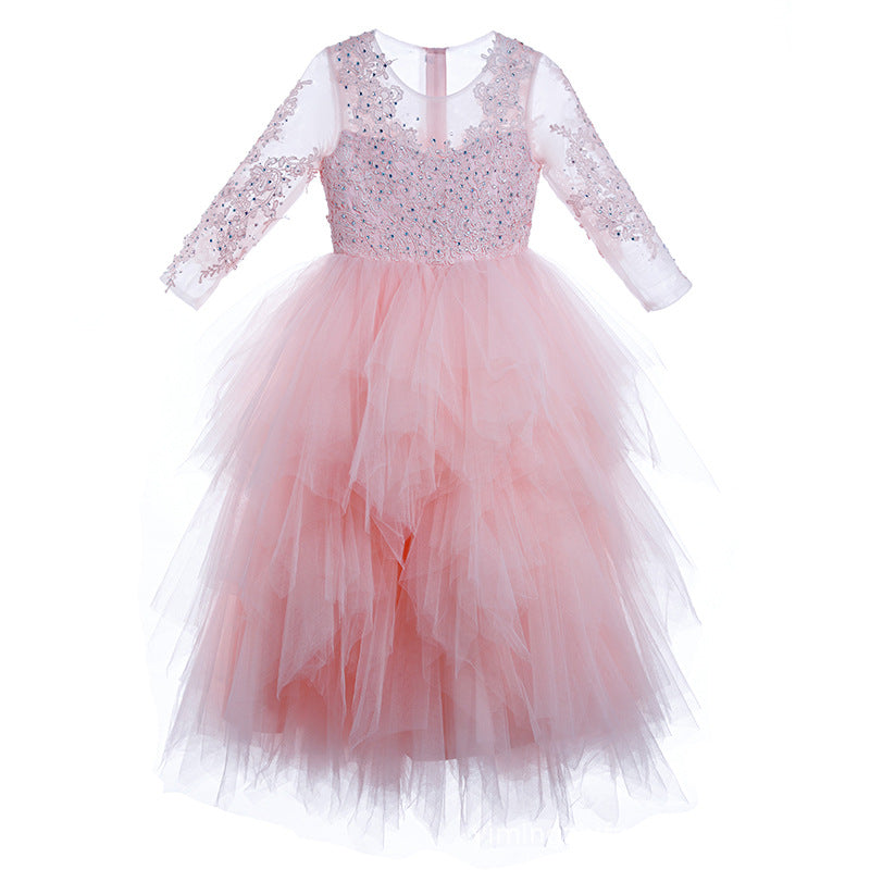 Customized children's formal dress for export, new lace three-quarter sleeve girl dresses, girls' princess cake dress