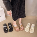 2024 women's platform slippers - outdoor wear, criss-cross rhinestone thong sandals, fashion pearl beach platform slippers