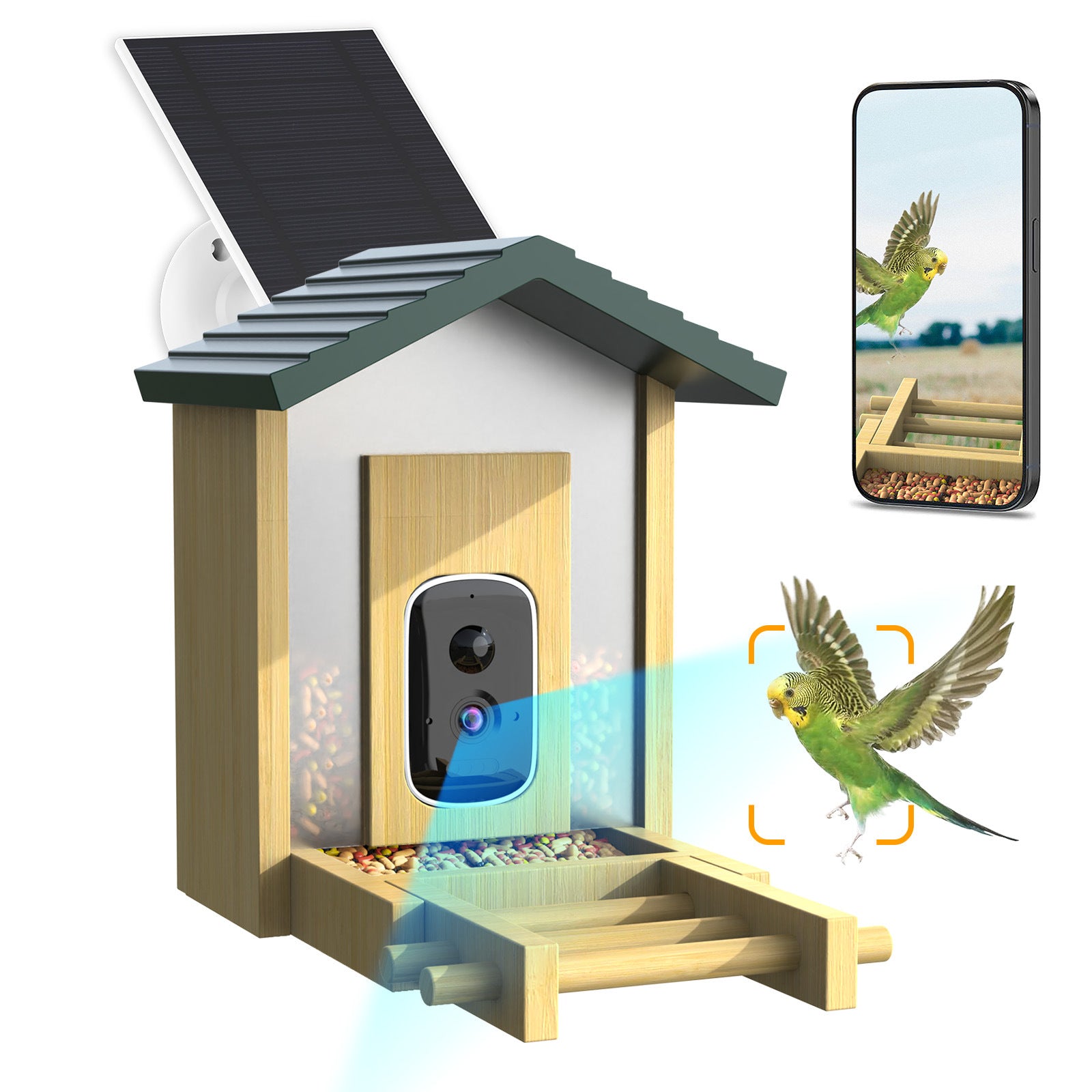 Factory direct sales bamboo and wood intelligent bird feeder AI recognition 5MP pixel camera feeder,   explosion