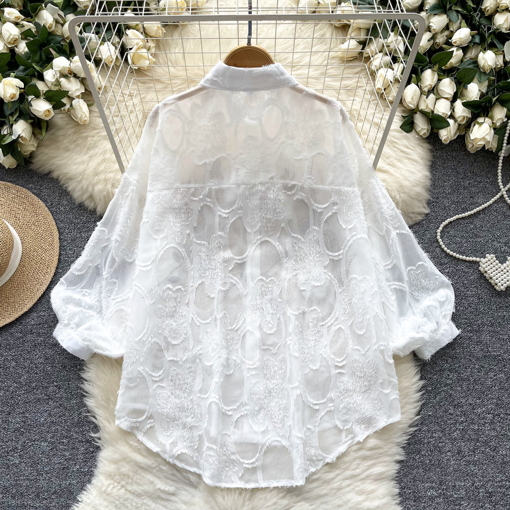 French style women's top - new early autumn long sleeve shirt with heavily embellished diamond and 3d floral embroidery, versatile and slimming chiffon blouse