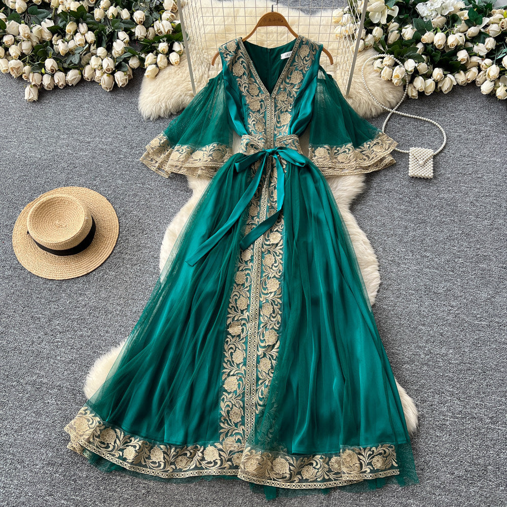 High-end elegant green embroidered a-line off-the-shoulder dress - women's mesh wide sleeve cinched waist tie-up maxi dress - perfect for work or special occasions