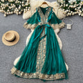 High-end elegant green embroidered a-line off-the-shoulder dress - women's mesh wide sleeve cinched waist tie-up maxi dress - perfect for work or special occasions