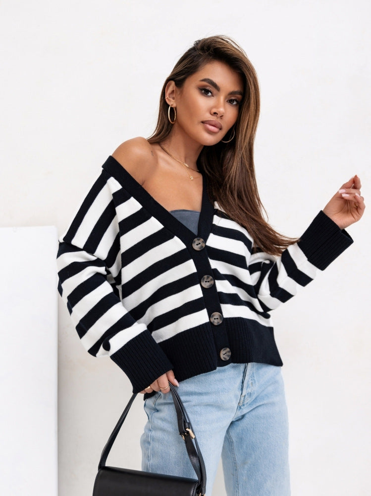 Europe, America,  autumn and winter new striped threaded knitted cardigan women's casual lazy versatile women's sweater