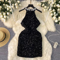 Accessible luxury qianjin style classy halter dress women's summer sequin diamond design niche style socialite elegant hip covering skirt